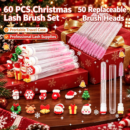 60Pcs Christmas Eyelash Brush with Tube Replaceable Mascara Wand Spoolie Dustproof Lash Tech Supplies Reusable Eyebrow Xmas Gift