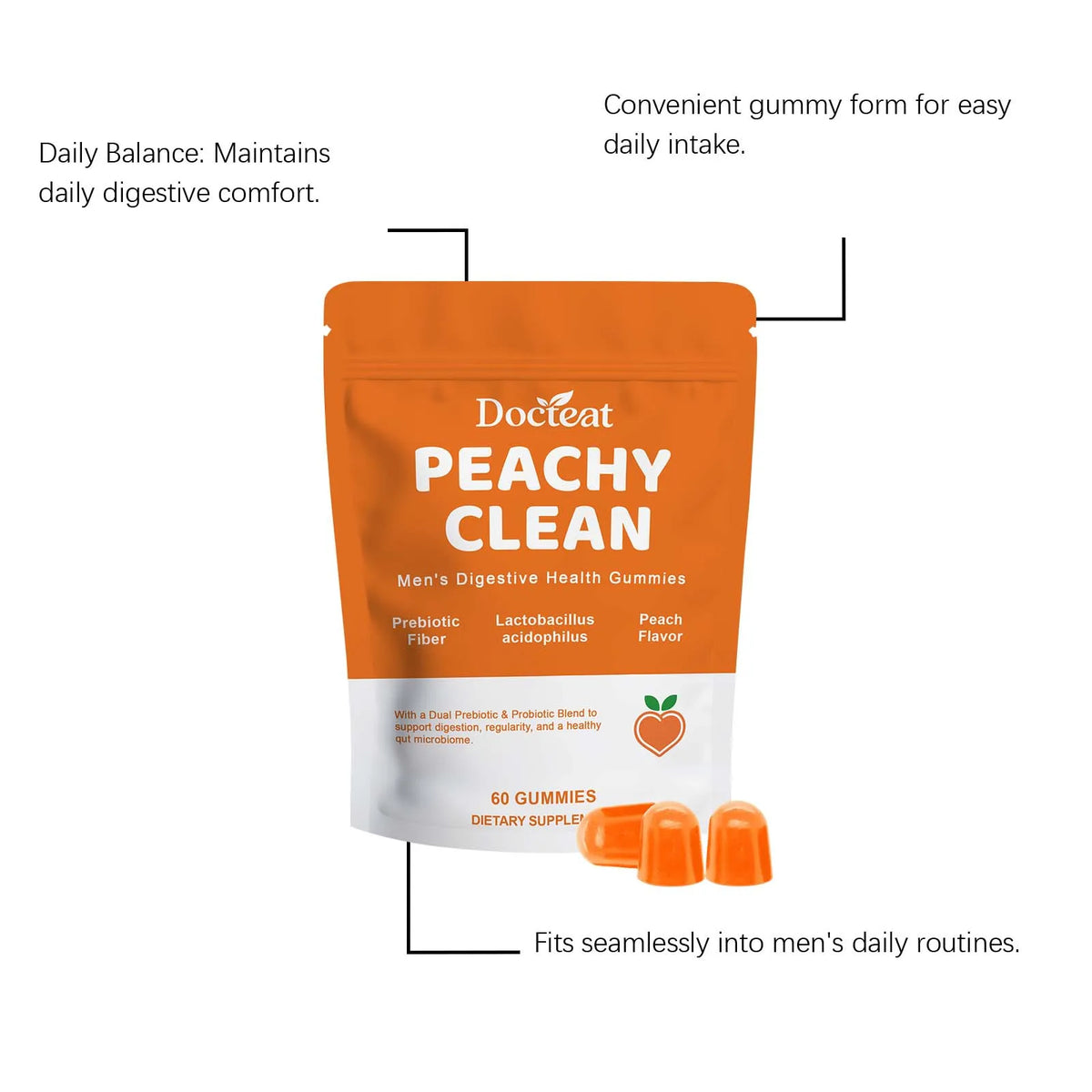Docteat Peachy Clean Men's Digestive Health Gummies Prebiotic & Probiotic Blend Peach Flavor 60 Gummies Dietary Supplement
