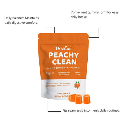 Docteat Peachy Clean Men's Digestive Health Gummies Prebiotic & Probiotic Blend Peach Flavor 60 Gummies Dietary Supplement