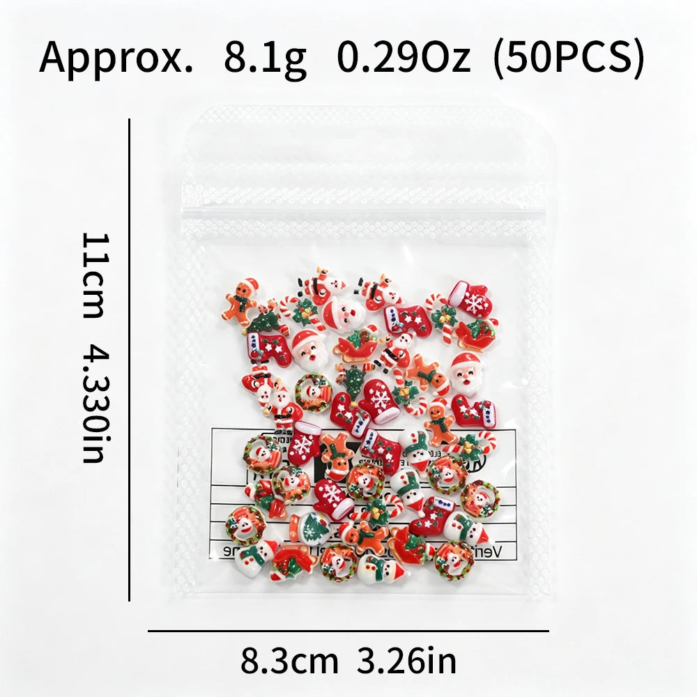 50pcs Mixed Kawaii Resin Christmas Nail Charms Xmas Santa Tree Sock Elk Bell Candy Cane Nail Ornament Flatback Nail Accessories