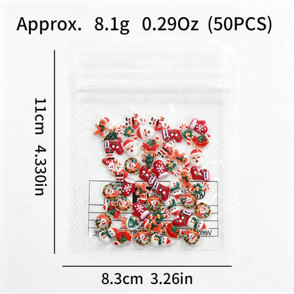 50pcs Mixed Kawaii Resin Christmas Nail Charms Xmas Santa Tree Sock Elk Bell Candy Cane Nail Ornament Flatback Nail Accessories