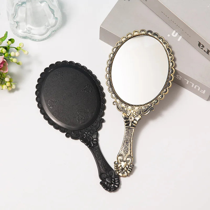 Creative Retro Makeup HD Mirror With Handle Women Bathroom Plastic Patterned Make Up Mirror Portable Handheld Antique Vanity