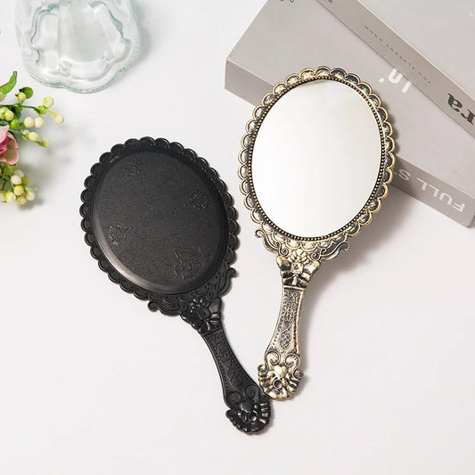 Creative Retro Makeup HD Mirror With Handle Women Bathroom Plastic Patterned Make Up Mirror Portable Handheld Antique Vanity
