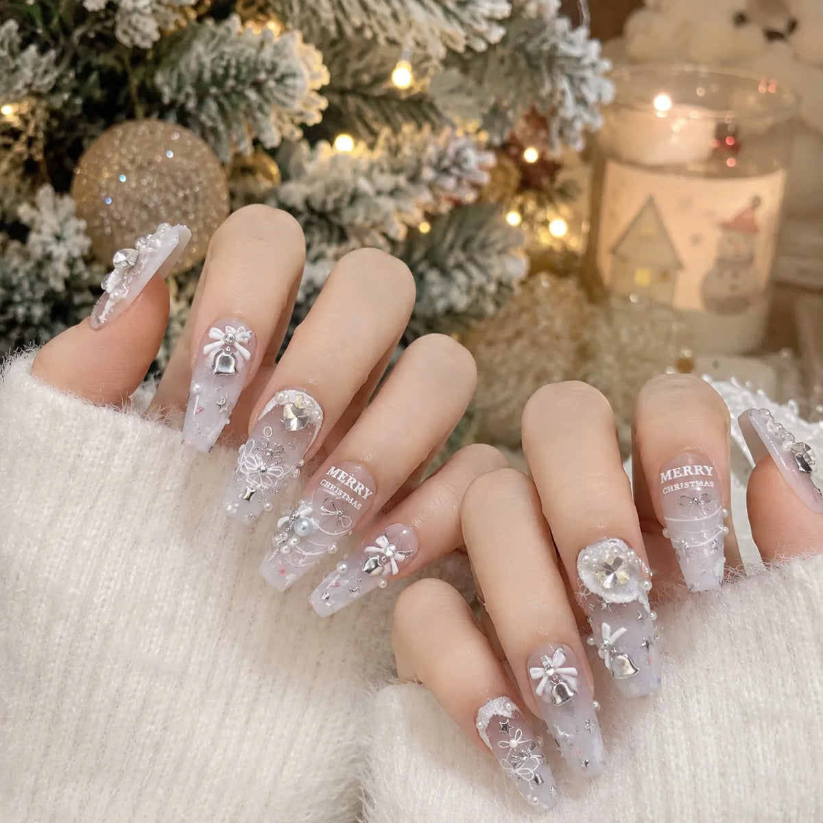 Luxury Winter Silver Crystal Christmas Nail Stickers Bow Star Pattern Nails 3D Decoration 3D Self Adhesive Nail Art Sticker DIY