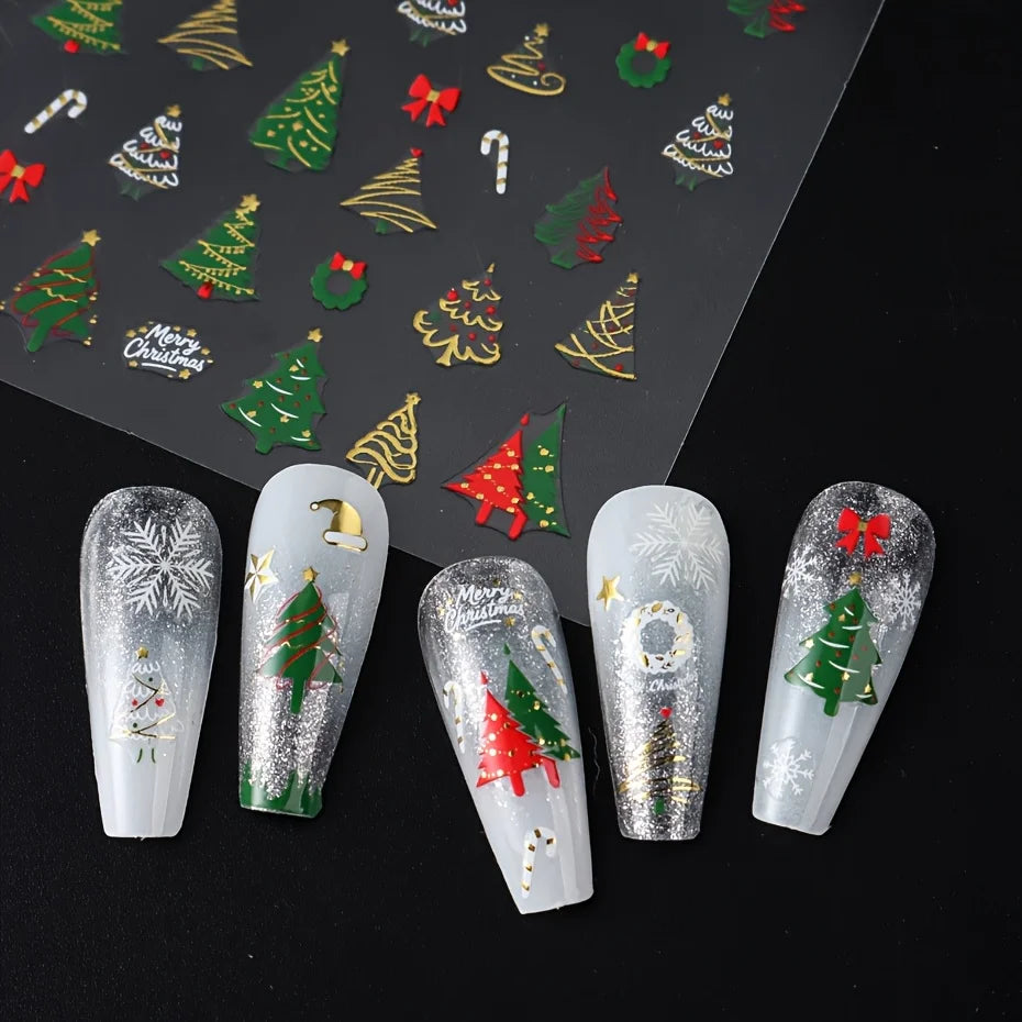 3pcs Christmas Nail Art Stickers - With Green Trees、Red Bow、Golden Decoration - Glossy Surface, Suitable for Holiday Nail Groomi