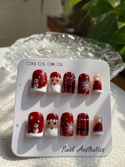 Handmade Short Square Press On Nails Christmas False Nails with Santa Claus Snowman Snowflake Design Reusable 10Pcs Xmas Party