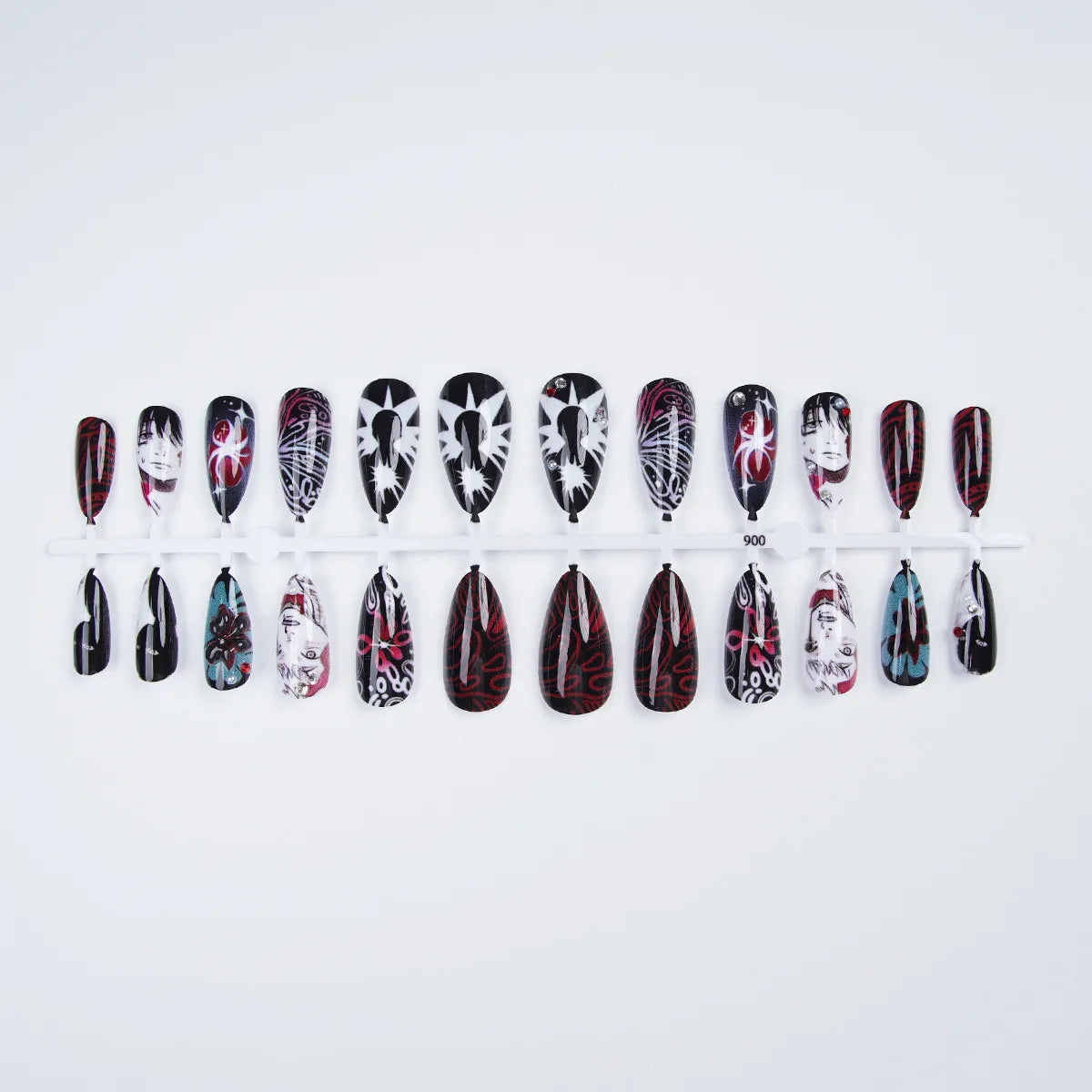 24pcs Anime Manga Press On Nail Black Red Gothic Oval False Nail 3D Rhinestone Spider Flower Fake Nail Y2K Almond Nail for Women