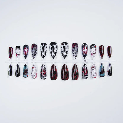 24pcs Anime Manga Press On Nail Black Red Gothic Oval False Nail 3D Rhinestone Spider Flower Fake Nail Y2K Almond Nail for Women