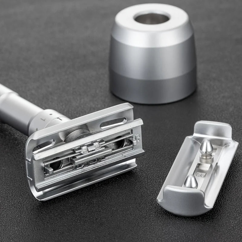 Men's Manual Rotary Shaver - Stainless Steel Double-Sided Blades Adjustable Rotating Head Ergonomic Grip for Beards