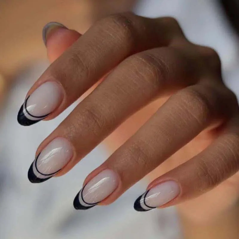 24pcs Pure Black Fake Nails Almond Fashion Charm Manicure Reusable False Nails For Spicy Girls Wearable Press On Nail Patch