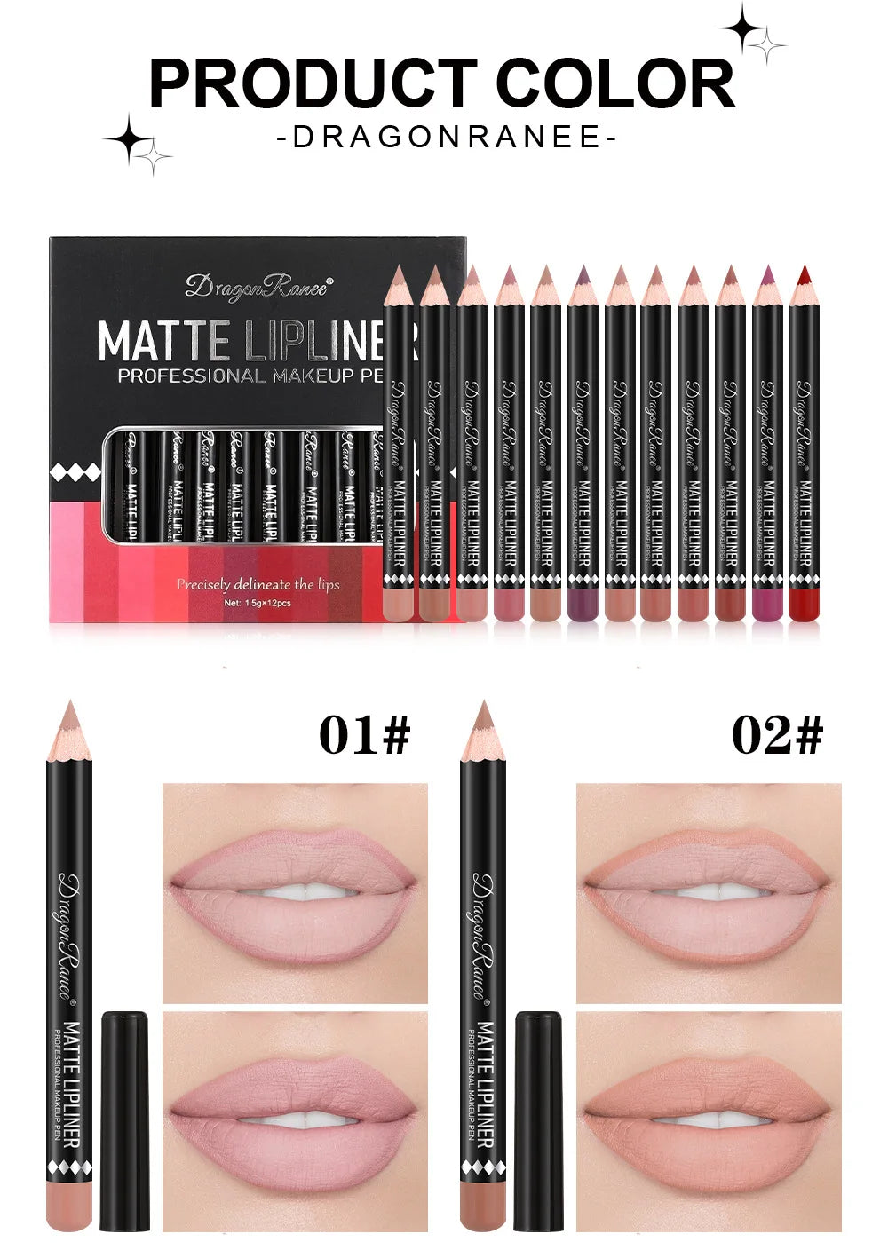Long Lasting Matte Lip Liner 12 Colors Set Waterproof High Pigment Nude Wooden Pencil Lip Makeup Kit for Daily Use