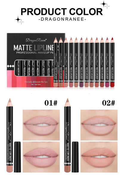 Long Lasting Matte Lip Liner 12 Colors Set Waterproof High Pigment Nude Wooden Pencil Lip Makeup Kit for Daily Use