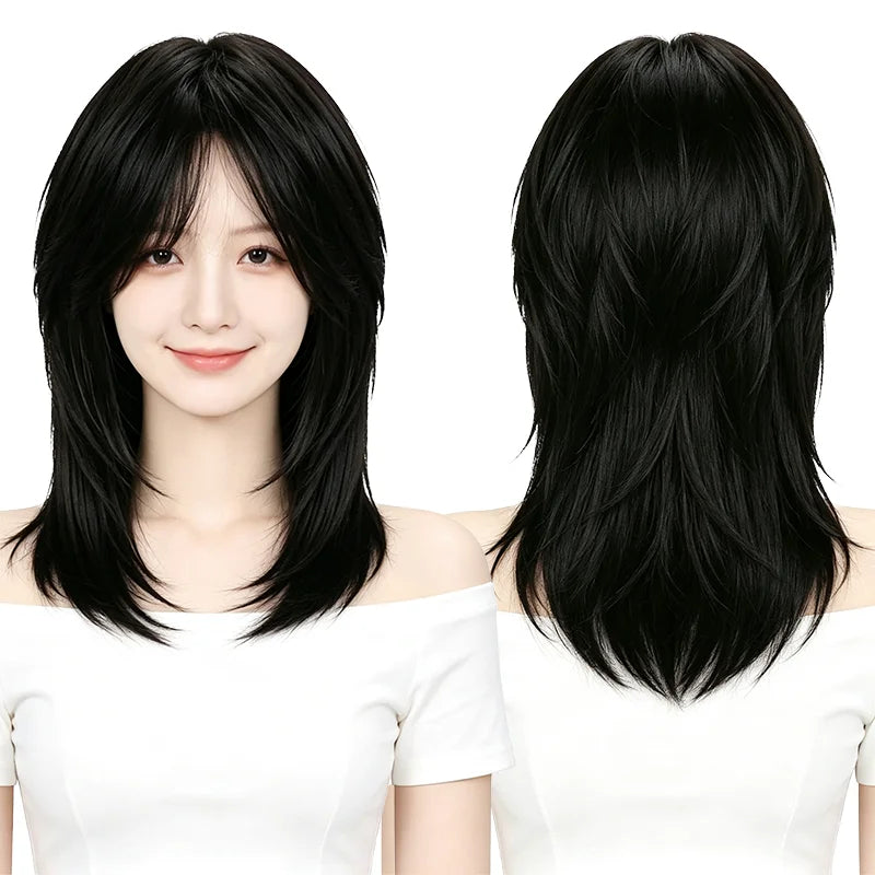 Natural Black Mullet Wolf Cut Wigs For Women Men Short Shoulder Layered Hair Heat Friendly Synthetic Full Wig Cosplay Daily Wear