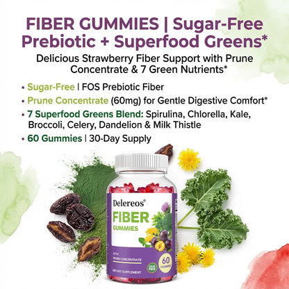 Sugar-Free Fiber Gummies - Spirulina, Milk Thistle, Digestive & Intestinal Health, Metabolism Boost, Natural Fruit Flavor
