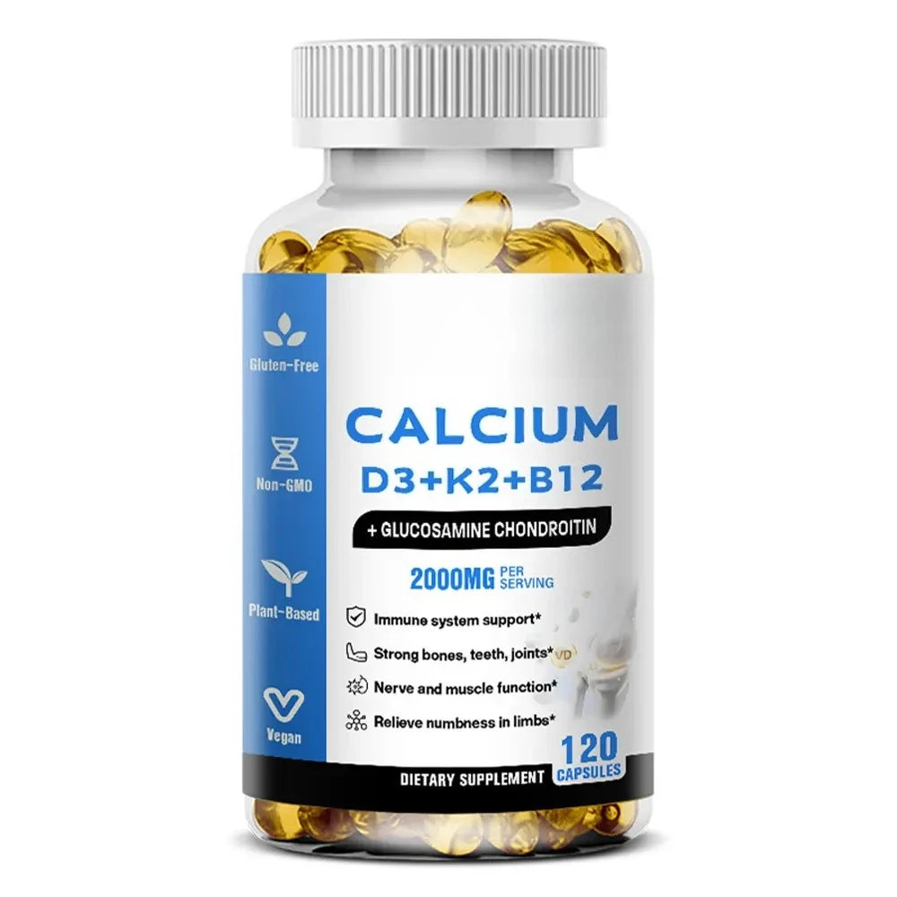 Calcium D3 K2 B12 Capsules for Bone, Teeth & Joint Support, Muscle, Immune & Nerve Health, Gluten-Free & Non-GMO, 120 Capsules