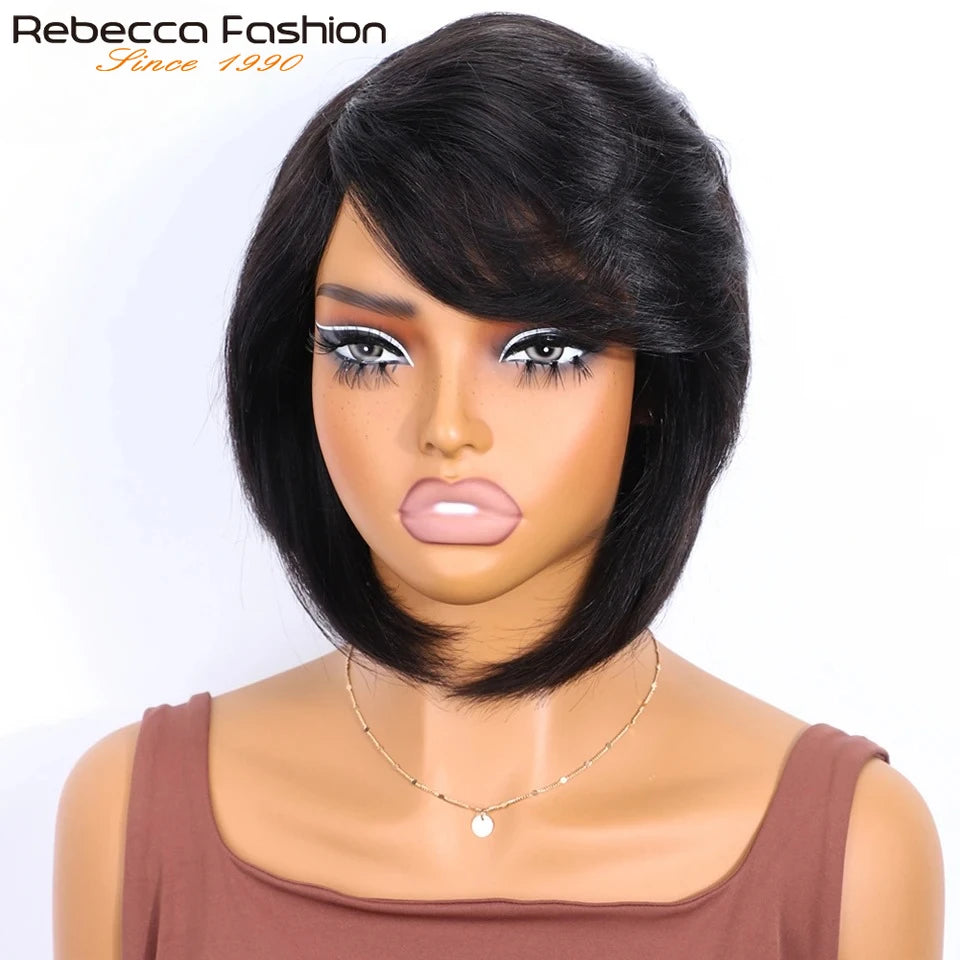 Rebecca Brazilian Short Straight Bob Human Hair Wigs With Bangs Full Machine Made Side Part Bob Human Hair Wigs For Black Women