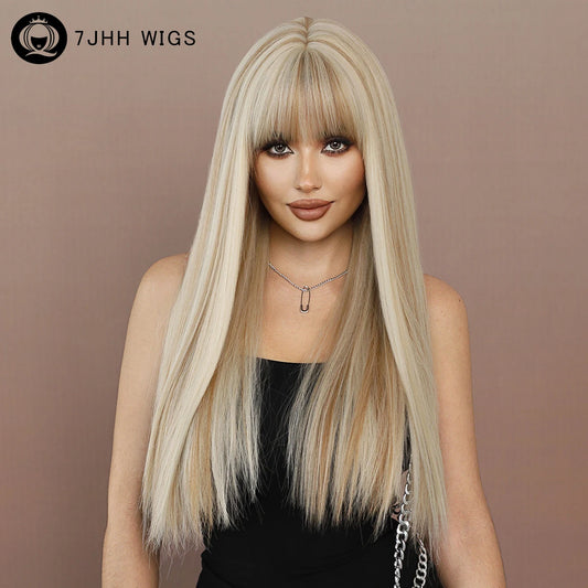 Long Straight Light Blonde Wig for Women Daily Party Highlight Brown Synthetic Layered Hair Wigs with Bangs Halloween Cosplay