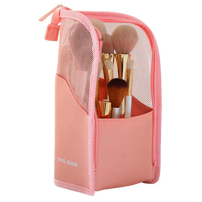 New Standing Makeup Brush Holder Bag 2 in 1 Travel Cosmetic Pouch Mesh Waterproof Portable Toiletry Storage Organizer