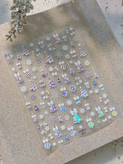 Tender Blue Christmas Tree Hanging Ball Ribbon Gold Star Snowflakes Bowknot Ring Adhesive Nail Charms Art Sticker Manicure Decal