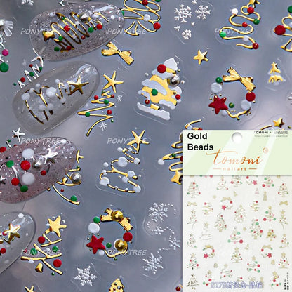 Tender Blue Christmas Tree Hanging Ball Ribbon Gold Star Snowflakes Bowknot Ring Adhesive Nail Charms Art Sticker Manicure Decal