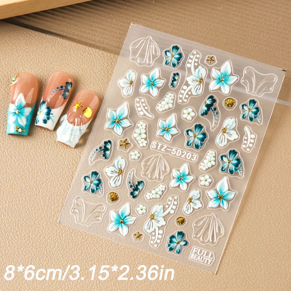 5D Embossed Teal Hibiscus Flower Nail Art Stickers Blue Floral Petal with Golden Starfish Shell French Water Ripple Summer Decal
