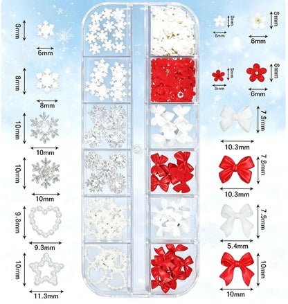 4Box Christmas Nail Charms 3D Snowman Santa Claus Elk, White Snowflakes Red Bow Red & Green Rhinestones Metal Caviar Beads Nails