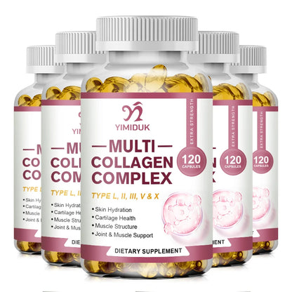 Multi-Collagen Pills with Hyaluronic Acid and Vitamin C, 5 Hydrolyzed Collagen Peptides, Type I II III VX Capsules