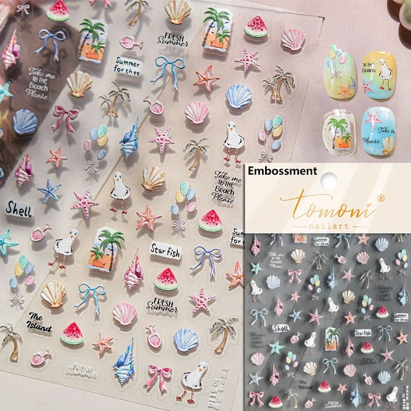 Gold Stamped Shell Conch Scallop Starfish Pearl 5D Embossed Self Adhesive Nail Art Stickers Delicate Ocean Style Manicure Decals