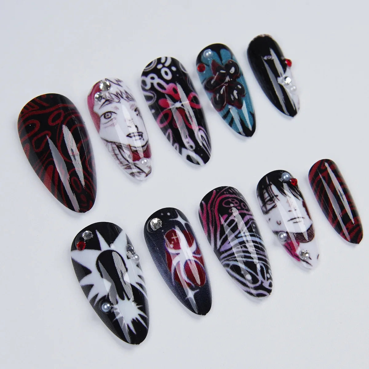 24pcs Anime Manga Press On Nail Black Red Gothic Oval False Nail 3D Rhinestone Spider Flower Fake Nail Y2K Almond Nail for Women