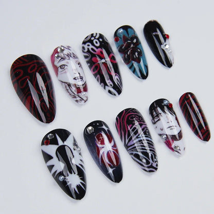 24pcs Anime Manga Press On Nail Black Red Gothic Oval False Nail 3D Rhinestone Spider Flower Fake Nail Y2K Almond Nail for Women