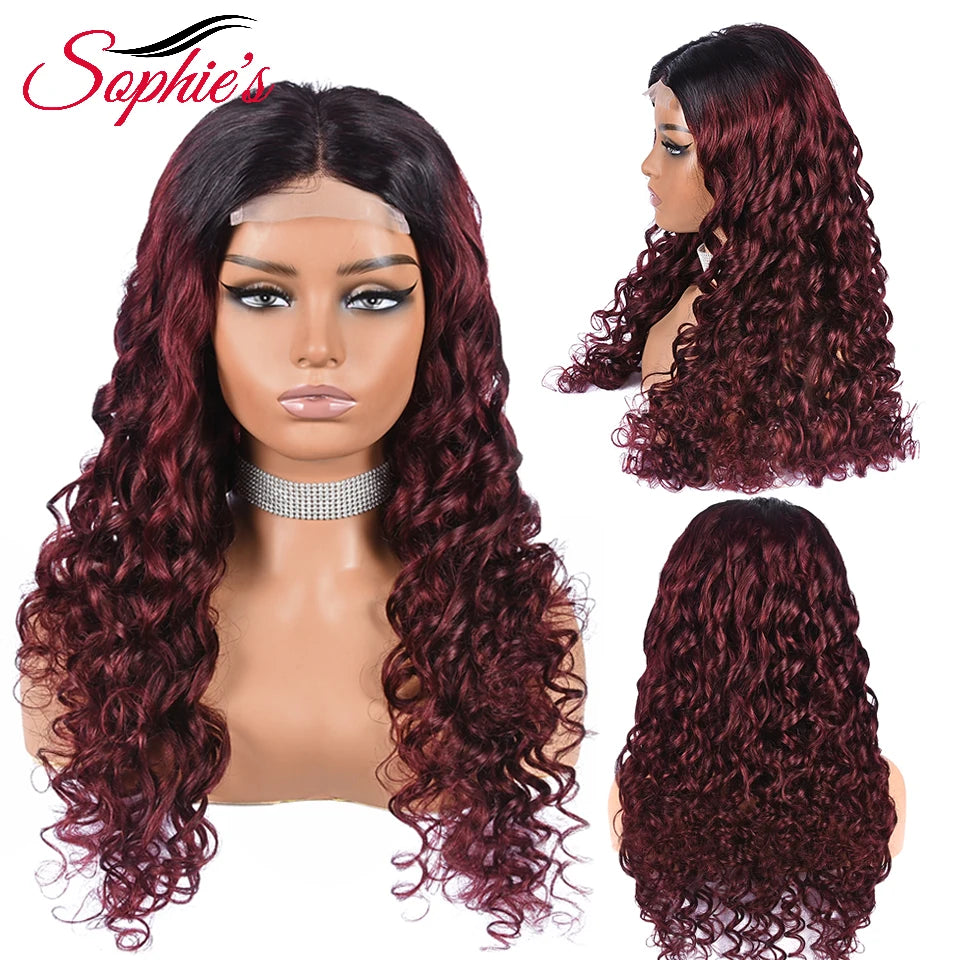 Sophies 4*4 Lace Closure Human Hair Wigs 99J Color 180% Density Loose Wave Wigs For Women Brazilian Hair Remy Hair 14-28 Inches