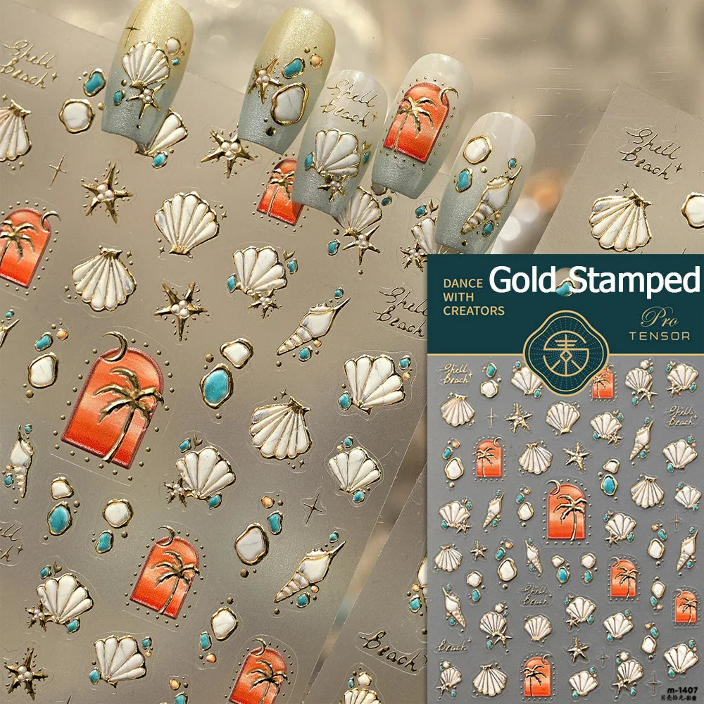 Gold Stamped Shell Conch Scallop Starfish Pearl 5D Embossed Self Adhesive Nail Art Stickers Delicate Ocean Style Manicure Decals