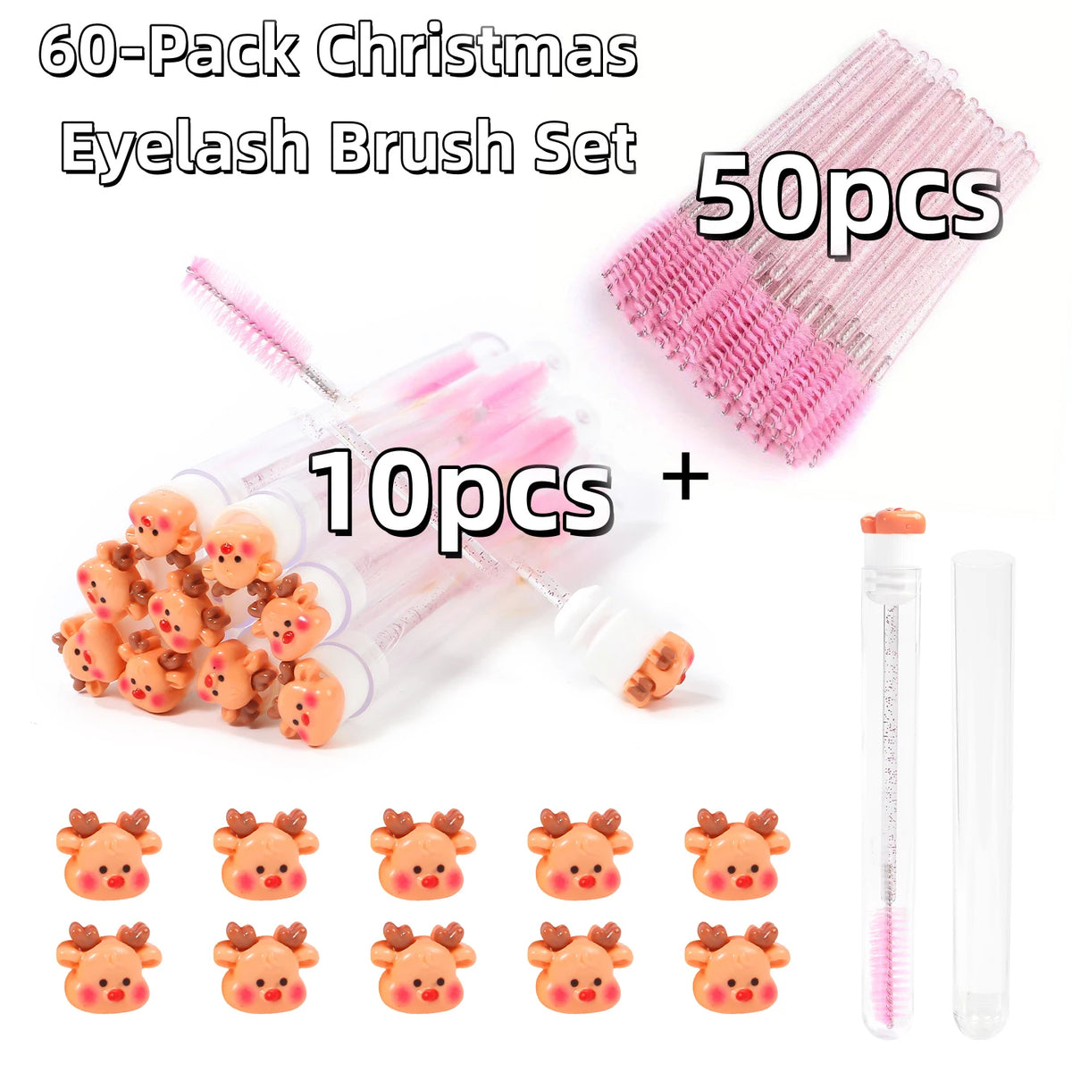 60Pcs Christmas Eyelash Brush with Tube Replaceable Mascara Wand Spoolie Dustproof Lash Tech Supplies Reusable Eyebrow Xmas Gift