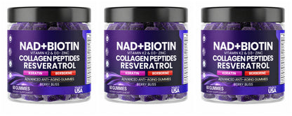 Biotin Collagen Gummies with NAD+ Resveratrol Vitamin D3 K2 Zinc Daily Beauty Wellness Supplement 60 Count Berry Flavor
