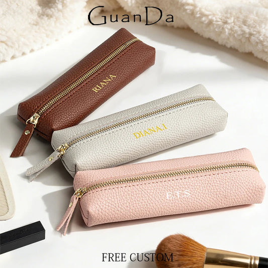 Travel Luxury PU Leather Engrave Name Cosmetic Bag Zipper Fashion Small Make Up Bag Business Pen Pouch Versatile Storage Bags