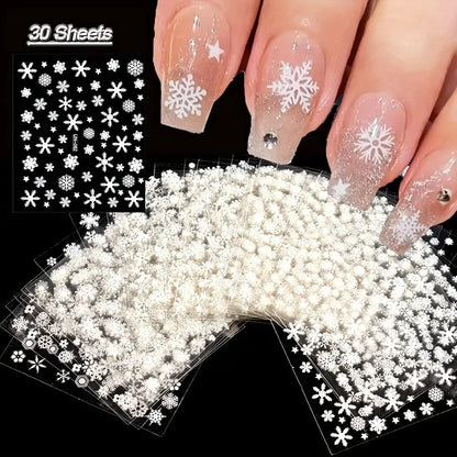 30pcs Sheets Winter 3D Nail Art Stickers Decals Nail Art Supplies for Women And s - Self-Adhesive Cartoon Snowflake Snowman