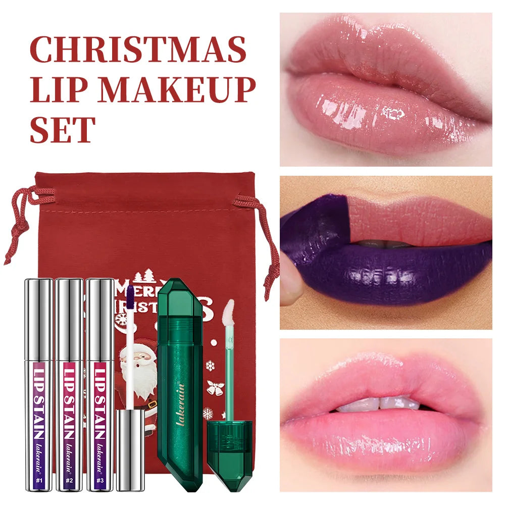 Christmas Lip Makeup Set Peel Off Lip Stain PH Color Changing Lip Oil Deep Moisturizing Long Lasting for Holiday Party Gift
