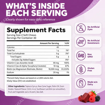 Biotin Hair Growth Soft Chews Supplement, Support Fuller Thicker Hair, Vitamin C & E for Healthy Hair Nourishment, 60 Gummy