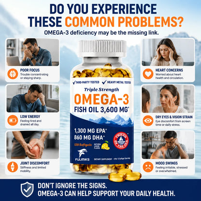 Triple Strength Omega 3 Fish Oil Supplement 3600 mg, EPA & DHA, Support Joint Bone, Skin, Brain & Heart Health, Energy, Immune