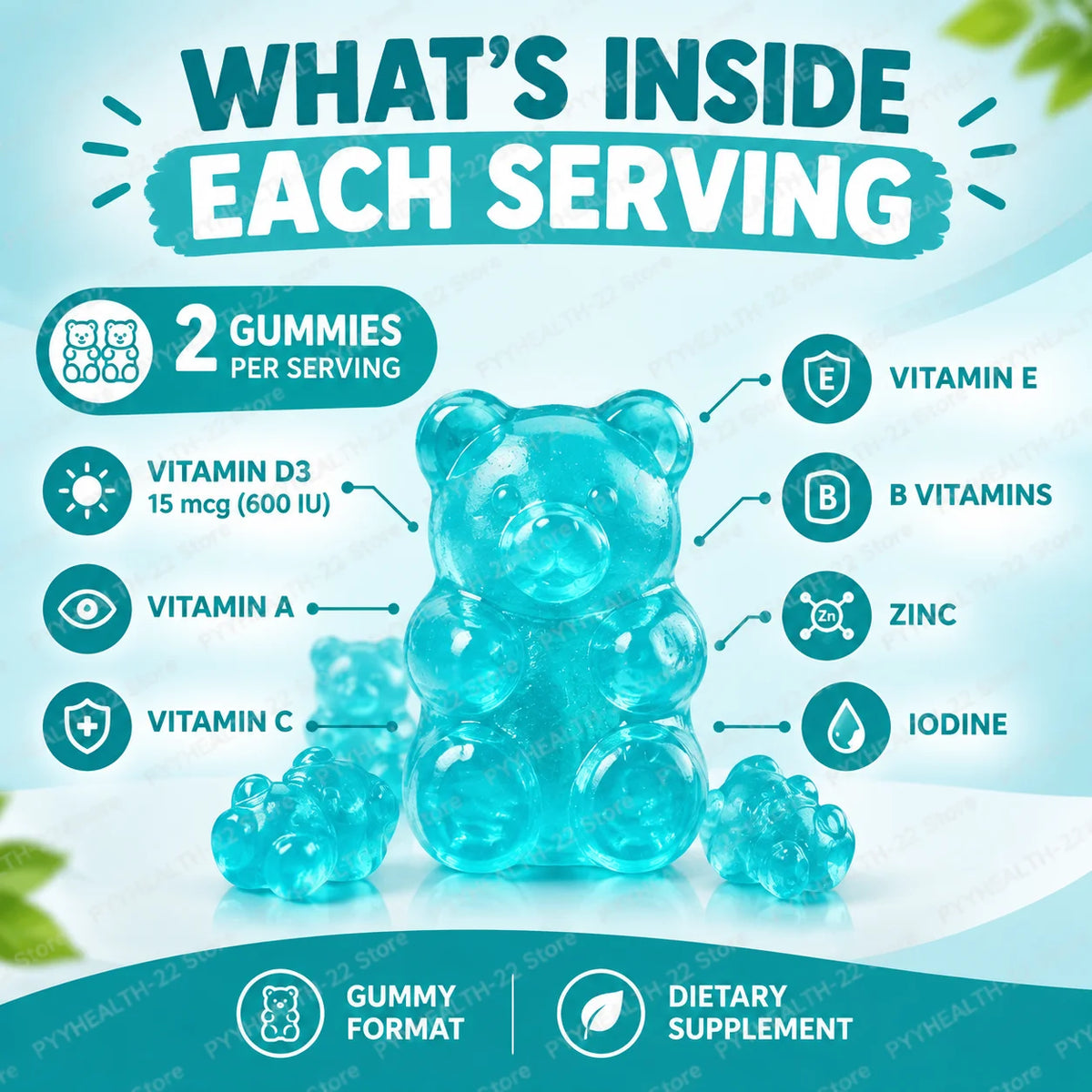 Kids Multivitamin Gummies, Vitamin A C D3 B Complex Zinc Iodine, Support Immune Healthy Growth, Pectin Gluten Free, 60 Gummies
