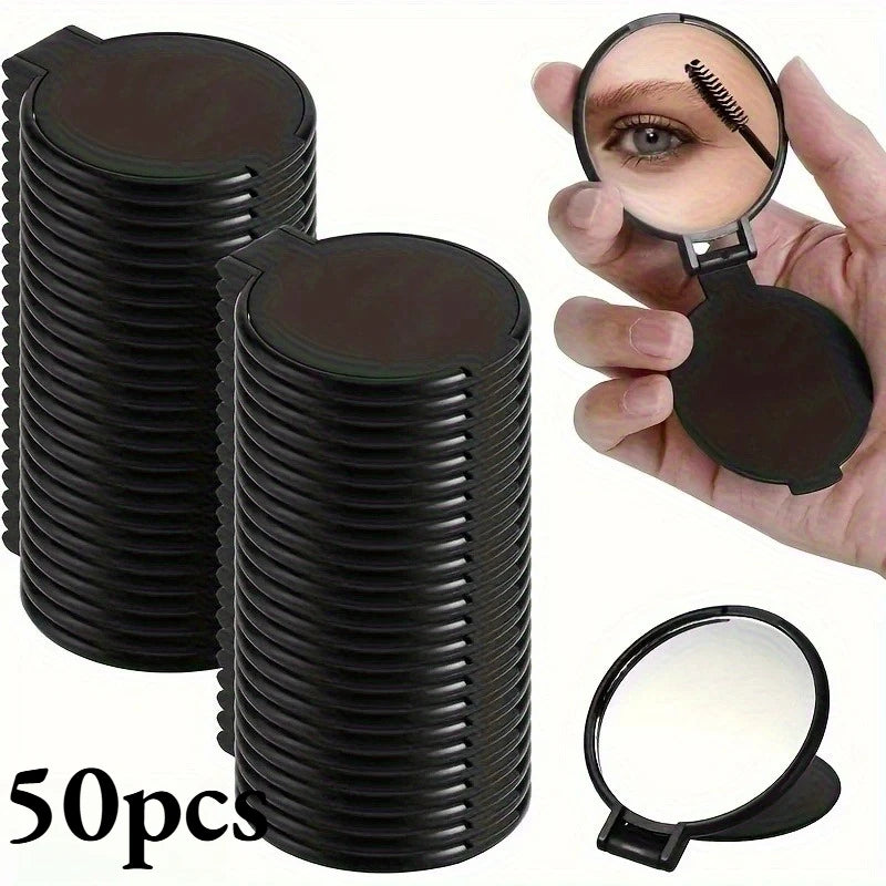 50pcs Portable Mini Folding Makeup Mirrors - Battery-Free 2.75x2.44inch Black Pink , Travel Grooming Mirror for Skincare Tools