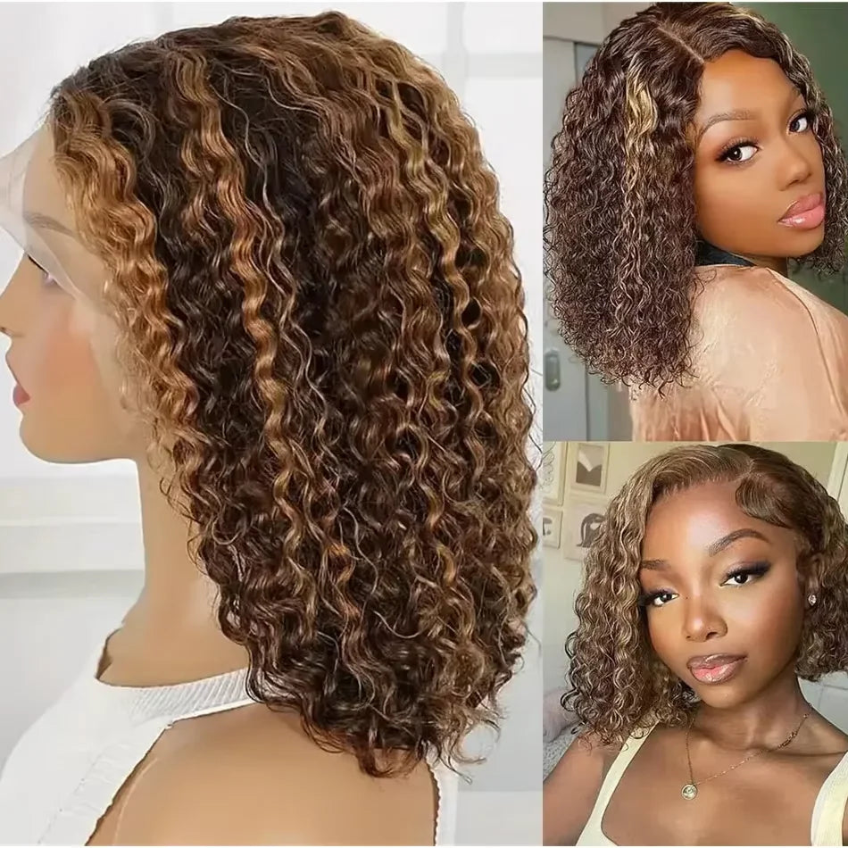 Deep Wave Highlight 13x4 HD Lace Front Bob Wigs Water Wave Human Hair Lace Frontal Wig 10-16 Inch 4/27 Color Preplucked Hair Bob