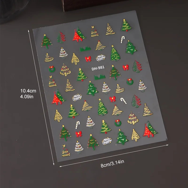 3pcs Christmas Nail Art Stickers - With Green Trees、Red Bow、Golden Decoration - Glossy Surface, Suitable for Holiday Nail Groomi