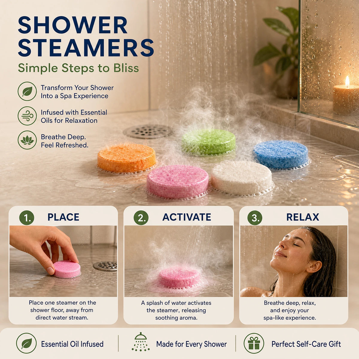 Shower Steamers 5 Pack – Scented Shower Bombs with Refreshing Aroma, Home Spa Fizzies for Daily Bath