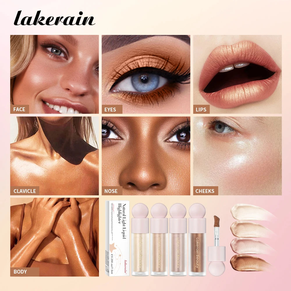 4 Colors Liquid Highlighter Brighten Skin Tone Highlighter Lightweight High Glossy Finish Natural Glow Liquid Luminizer Makeup