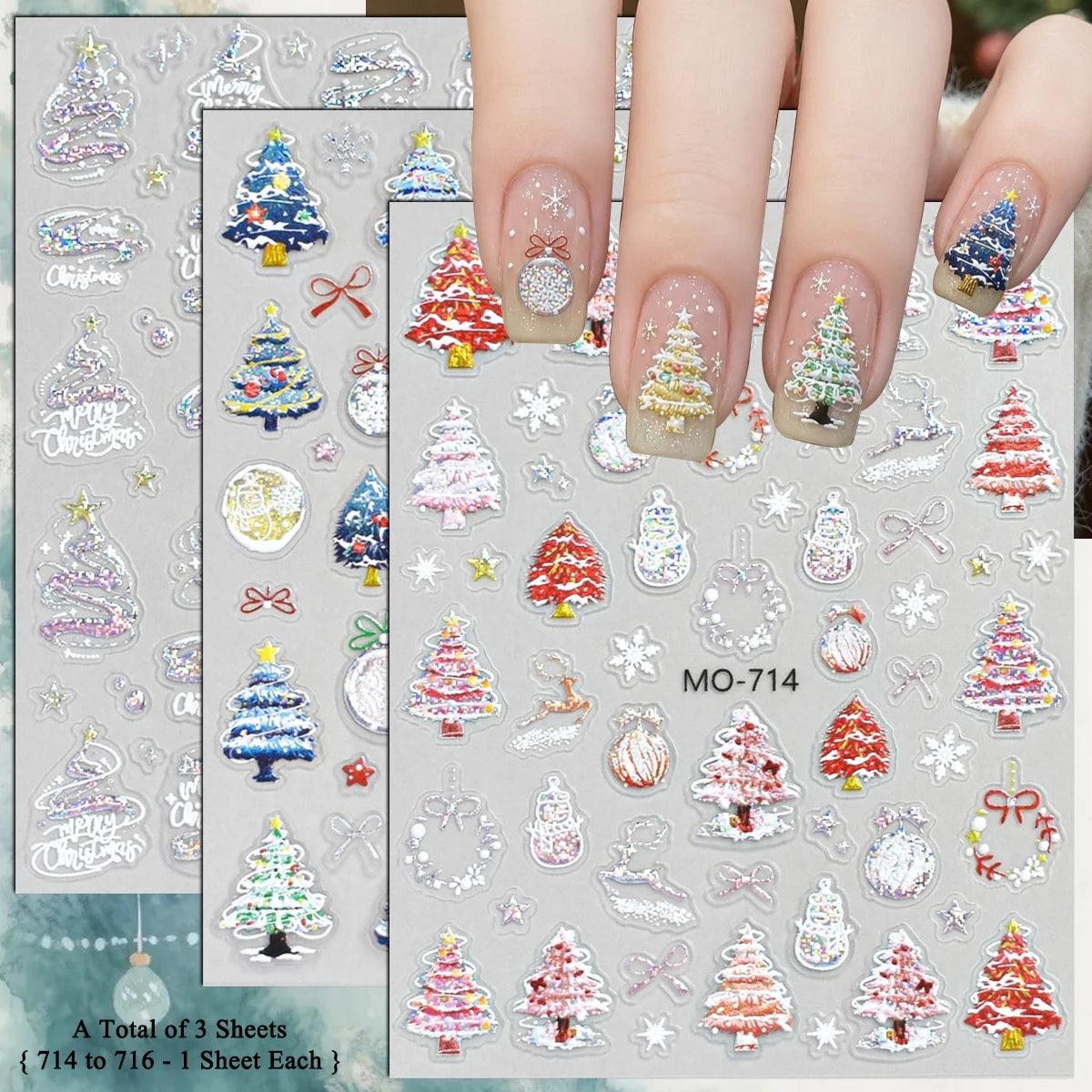 3 to 12 Sheets 5D Holographic Christmas Tree Snowflake Ornament Wreath Reindeer Glitter Self-Adhesive Nail Art Stickers
