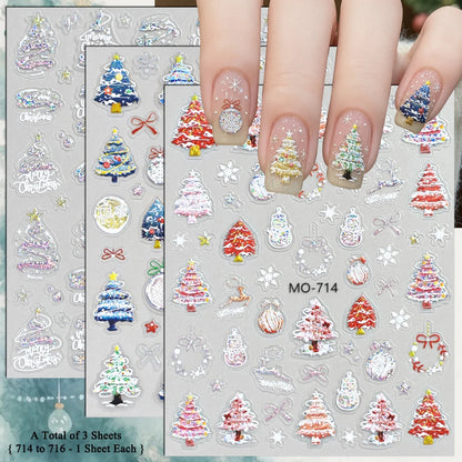 3 to 12 Sheets 5D Holographic Christmas Tree Snowflake Ornament Wreath Reindeer Glitter Self-Adhesive Nail Art Stickers
