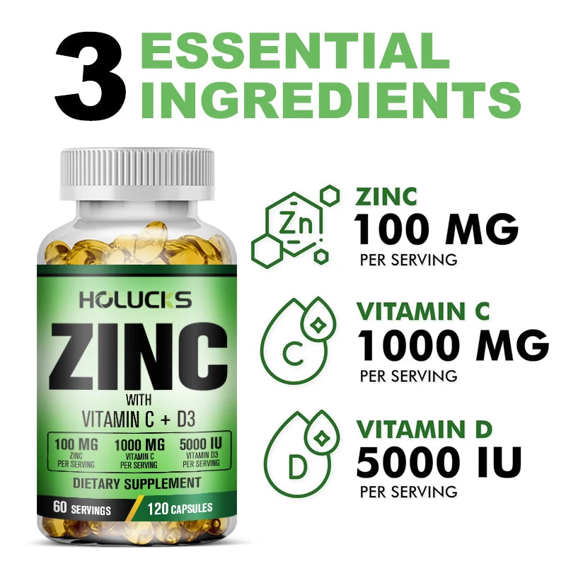 Zinc Vitamin C & D3 Complex Supplement, Supports Bone, Teeth, Joint & Heart Health, Boosts Immunity & Energy, Antioxidant