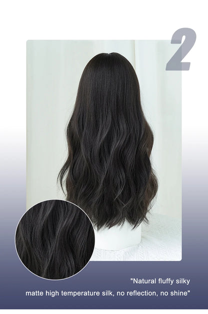 NAMM Costume Wig Synthetic Body Wavy Dark Brown Wig For Women Daily Use High Density Layered Hair Wigs With Fluffy Bangs