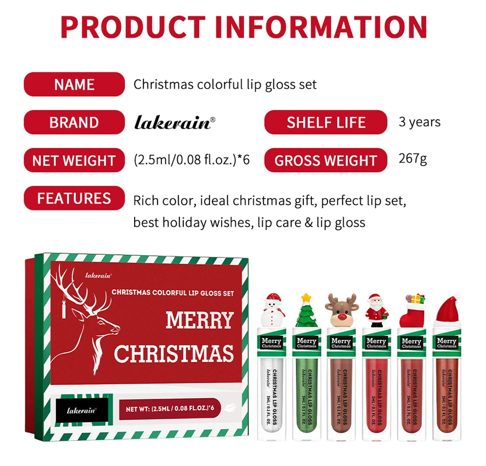 Christmas Lip Gloss Set Waterproof Long-Lasting Moisturizing Lip Skincare Lip Glaze Set Ideal Festive Holiday Christmas Gift